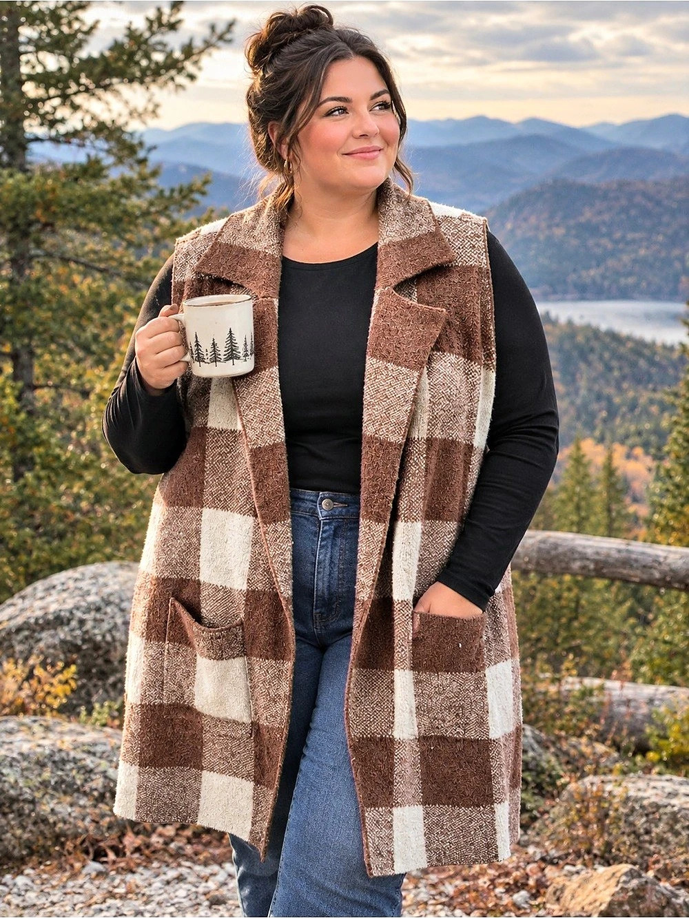 Maurices Plaid Open Front Vest in Brown & Cream Size 1X VGUC Cozy Cottage Core